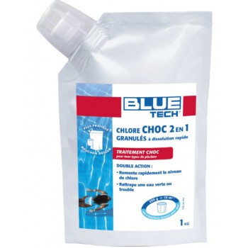 Chlore choc 2 en 1 sac 1KG BLUE TECH eau piscine granulés dissolution rapide 3521689121093