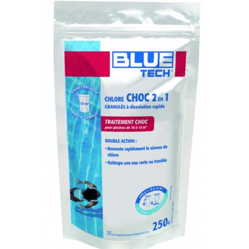 Chlore choc granulés piscine unidose 250G BLUE TECH dissolution rapide Rattrape eau verte trouble 3521689121024