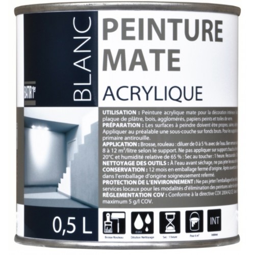 Peinture acrylique blanc mat pour travaux décoration intérieur 0.5l BATIR 1ER 3661521124988