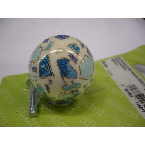 bouton boule aquatic bleu blanc en résine Ø 34 mm + vis pour meubles et tiroirs 3297867113517