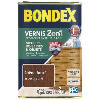 Vernis protection bois Chêne foncé satin 2 en 1protège et embellit 250ML BONDEX 3261544204928