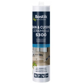 Mastic silicone acétique anti moisissures joint étanchéité blanc cuisine bains céramique S300 BOSTIK 3549212485016
