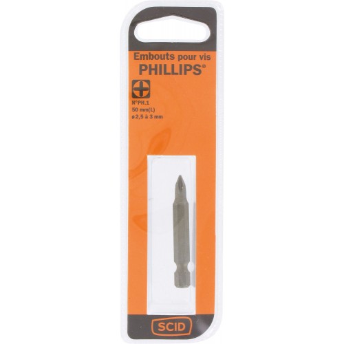 Embout de vissage long 50 mm Phillips PH1 acier haute qualité ° 2.5 - 3 mm SCID 3493427641425