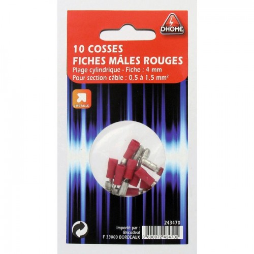 Lot 10 cosse cylindrique mâle section 0.5 - 1.5 mm² ° 4 mm rouge DHOME 3600072454700