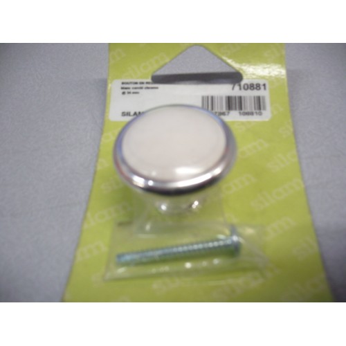 bouton Ø 34 blanc cerclé chromé en résine de synthèse pour meuble tiroir + vis 3297867108810