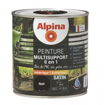 Peinture multi supports 6 en 1 noir satin 0.5L bois fer alu zinc pvc galva sous couche intégrée ALPINA 3700178342915