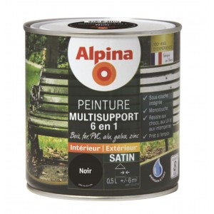 Peinture multi supports 6 en 1 noir satin 0.5L bois fer alu zinc pvc galva sous couche intégrée ALPINA 3700178342915