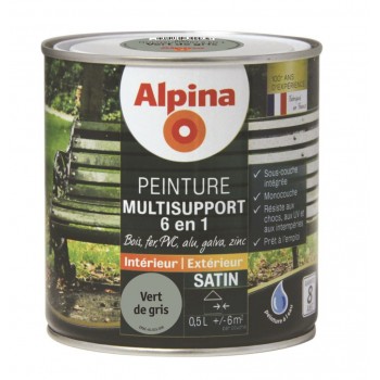 Peinture multi supports 6 en 1 vert de gris satin 0.5L bois fer alu zinc pvc galva sous couche intégrée ALPINA 3700178342939