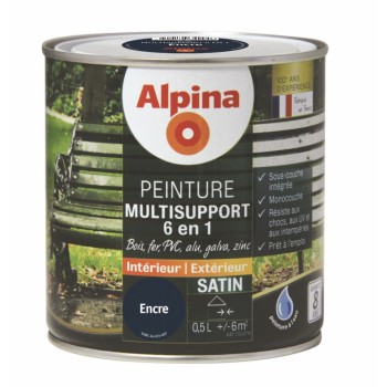 Peinture multi supports 6 en 1 bleu encre satin 0.5L bois fer alu zinc pvc galva sous couche intégrée ALPINA 3700178342946