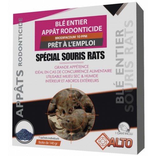 Appât raticide souricide rat souris grain de blé entier brodifacoum ALTO 7 sachets de 20 g 3760257180104