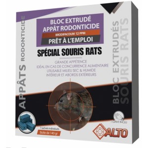 Appât raticide souricide rat souris milieu sec humide bloc brodifacoum ALTO 7 sachets 20 g 3760257180302