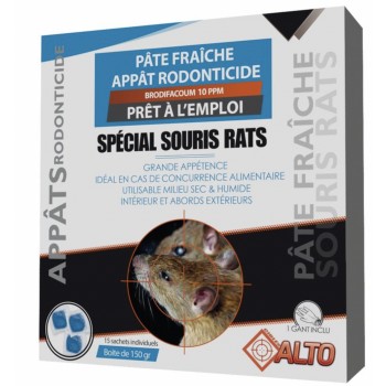 Appât raticide souricide rat souris pâtes fraîches brodifacoum ALTO 15 sachets 10 g 3760257180005