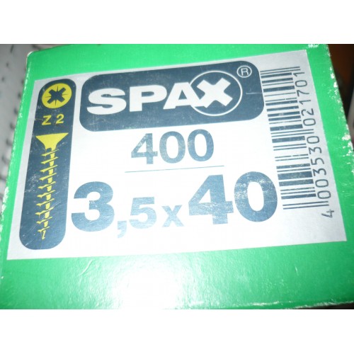 vis spax 3.5 x 40 mm acier boite de 400 vis tête fraisée pozidriv PZ2 filetage complet 4003530021701