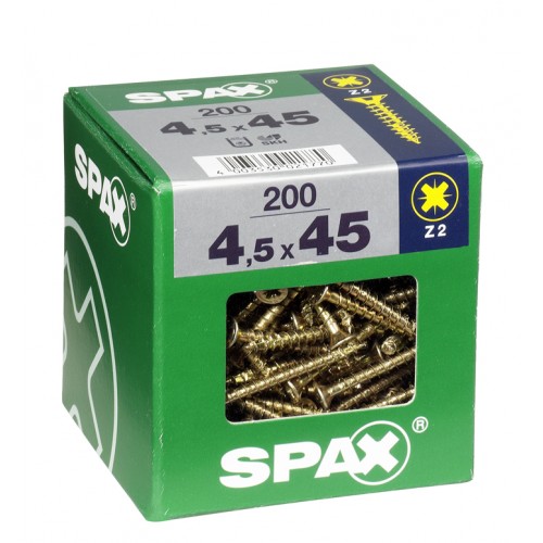 vis spax 4.5 x 45 mm acier boite de 200 vis tête fraisée pozidriv PZ2 filetage complet 4003530021770