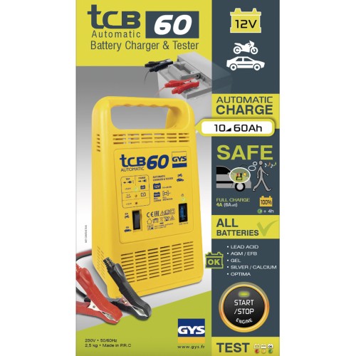 Chargeur de batterie automatique 12V 10 à 60Ah testeur de batterie GYS TCB 60 AUTO 3154020023253